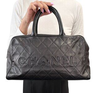 CHANEL Vintage CC Big Logo Quilted Leather Bowling Boston Bag Black [106464]